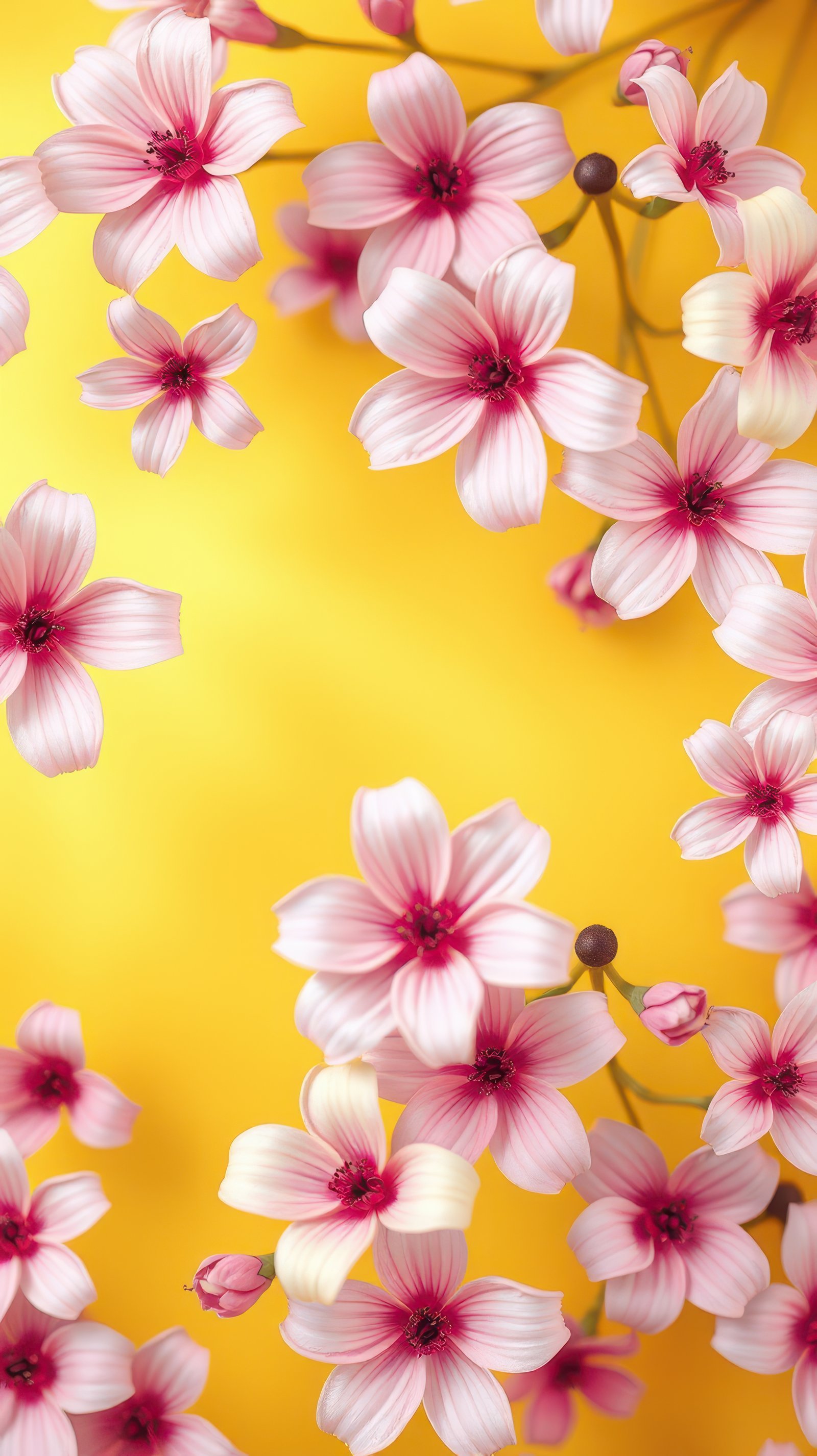 Pink flowers bloom against a vibrant yellow background